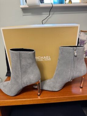 Michael Kors Gray Suede Ankle Booties with Metallic Heel